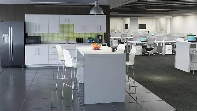 Belair Kitchette with benching workstations in white finish