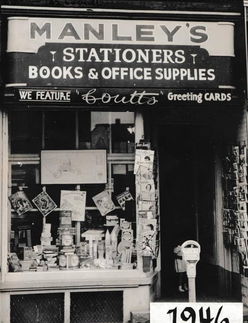 Manleys Stationers circa 1946 photo of store front